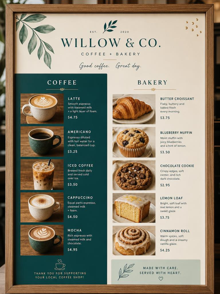 Cafe coffee and bakery picture menu sample